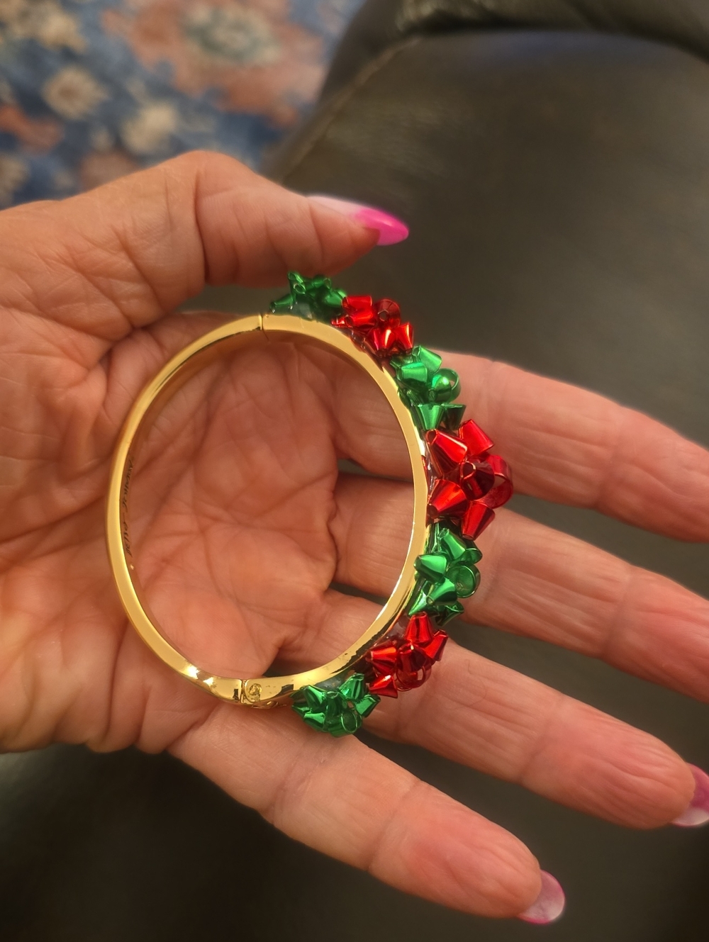 Betsey Johnson Gold-Tone Holiday Bow Bangle Bracelet in Red & Green